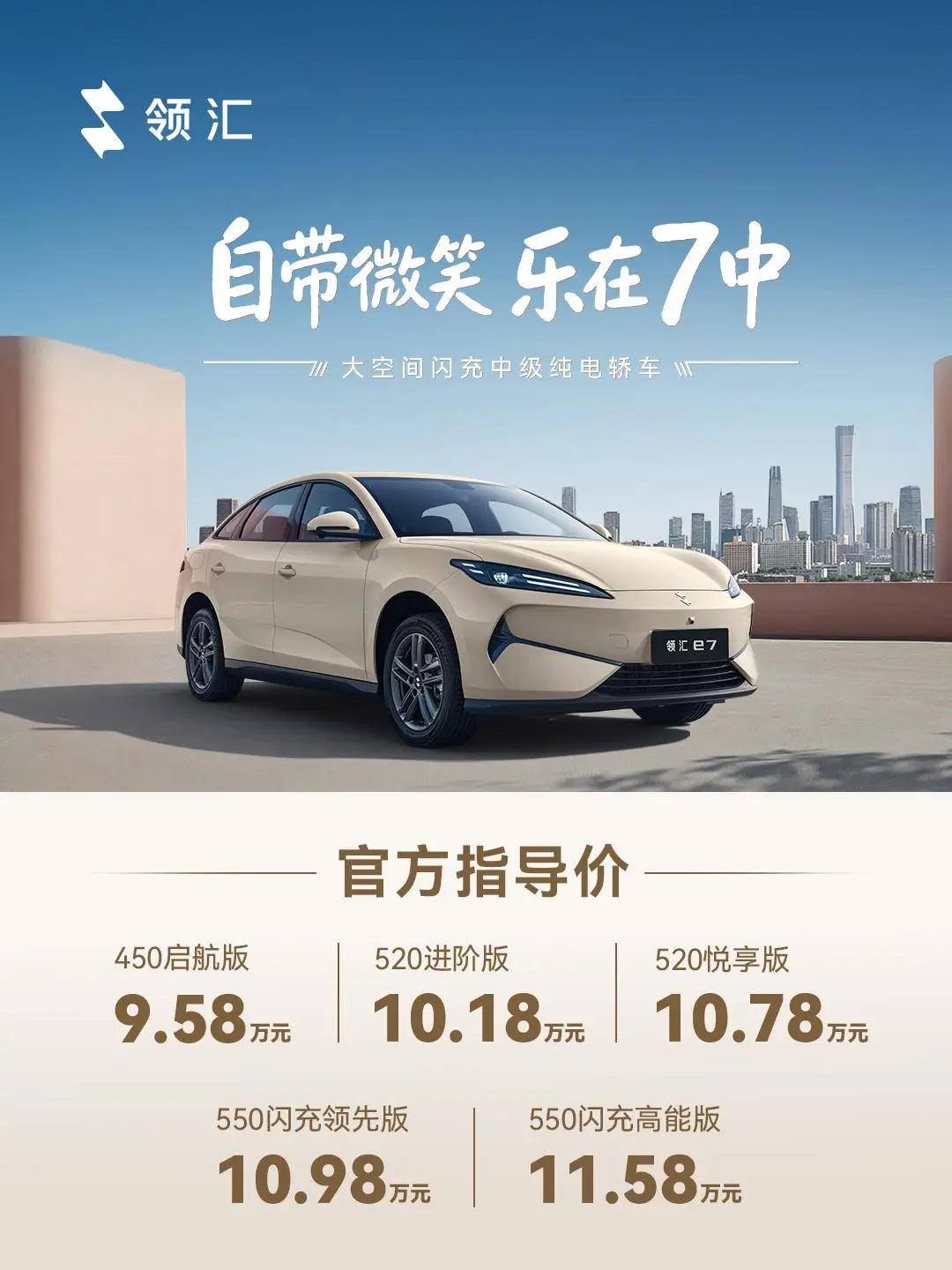 定价9.58万起 搭载比亚迪刀片电池+极速闪充 领汇e7正式上市